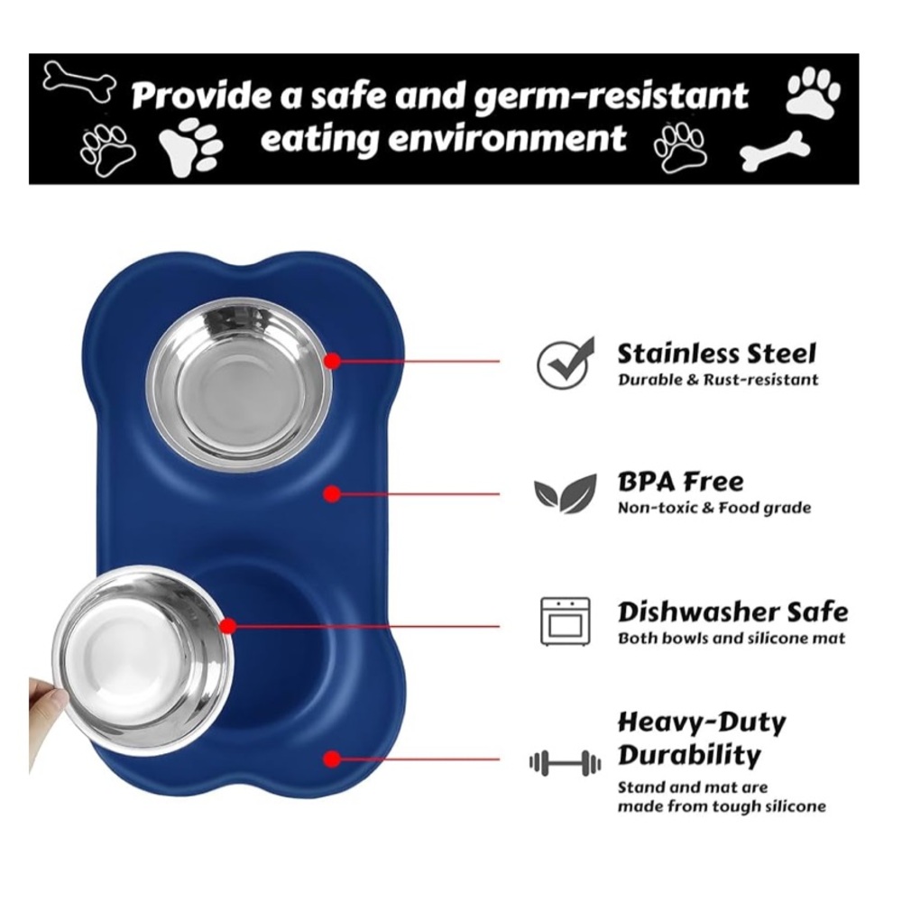 bnwt navy blue Stainless Steel Dog Food and Water Bowl Set, Dog Bowls - Picture 2 of 3